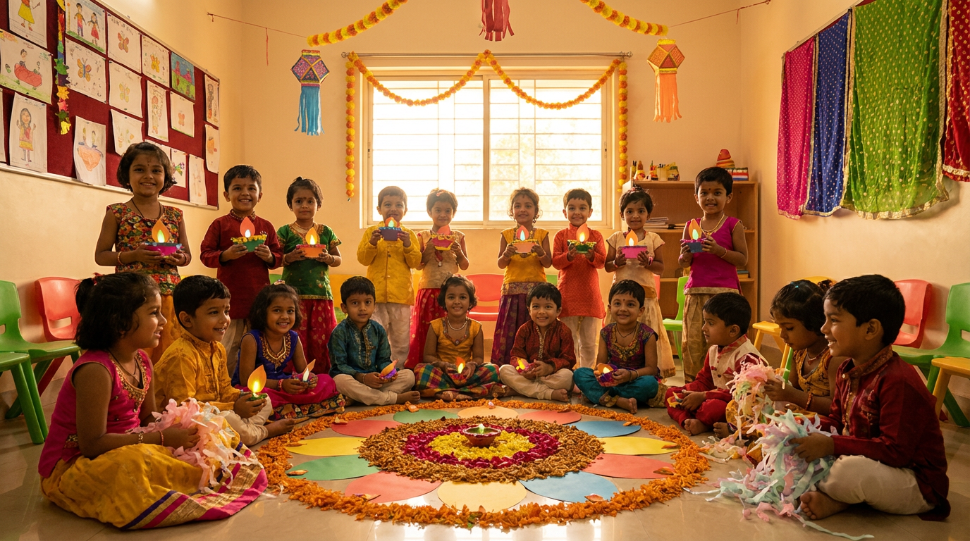 Children celebrating a colorful festival at Edujoy preschool